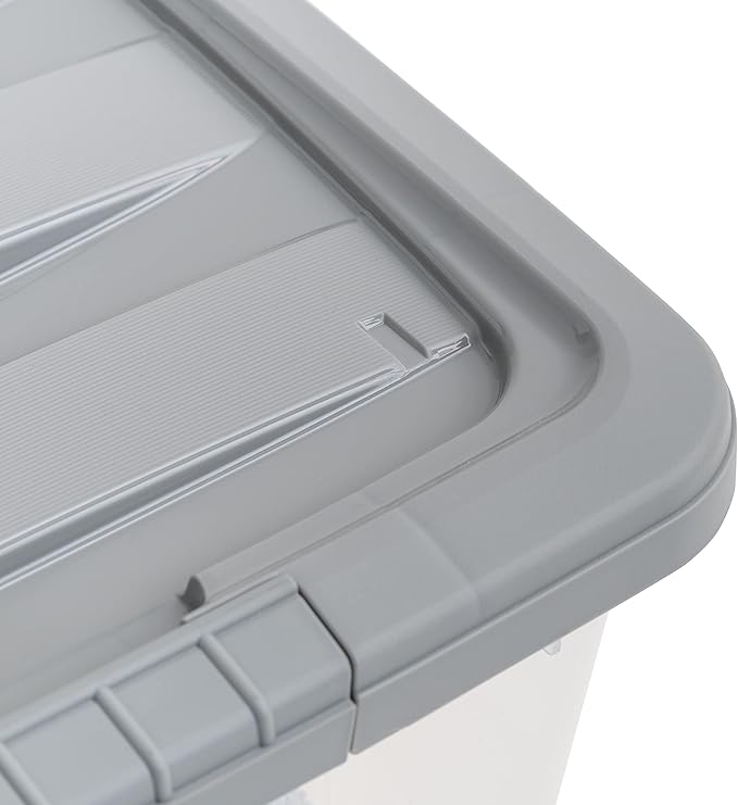 Amazon Basics Plastic Storage Containers with Secure Latching Lids, Stackable Organization Bins, Clear/Grey, 32 Quart, Set of