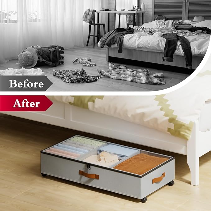 Yecaye Under Bed Storage with Wheels, 2 Pack Under Bed Storage Containers with Adjustable Dividers & Clear Window, Rolling Un