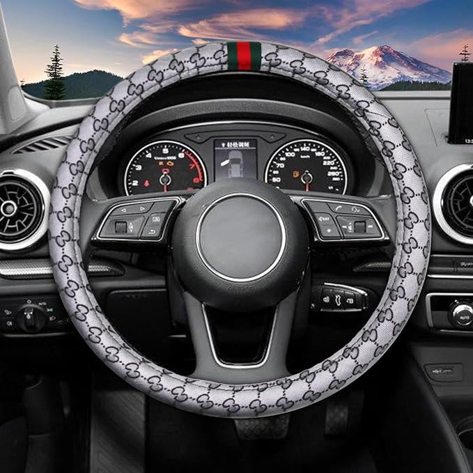 5PCS Steering Wheel Cover, with 2 Headrests, 2 Seat Belt Covers - Universal Fit for 14.5-15" Steering Wheel, Enhances Driving Experience - Perfect for Women (Gray)