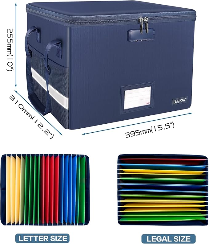 ENGPOW File Box with Lock, Fireproof Document Box with Pockets, Collapsible File Organizer Filing Storage Cabinet with Handle