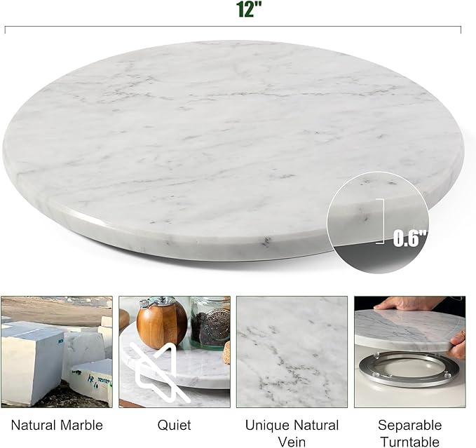 12" Marble Lazy Susan Turntable - 100% Natural Stone Round Serving Tray with Silent Spinning, Revolving Cake Stand & Cheese B