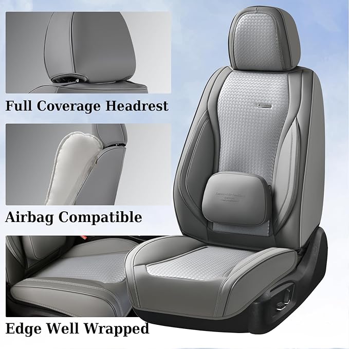 Coverado Seat Covers, Car Seat Covers Front Seats, Waterproof Nappa Leather Auto Seat Cover with Lumbar Head Pillow, Gray Sea