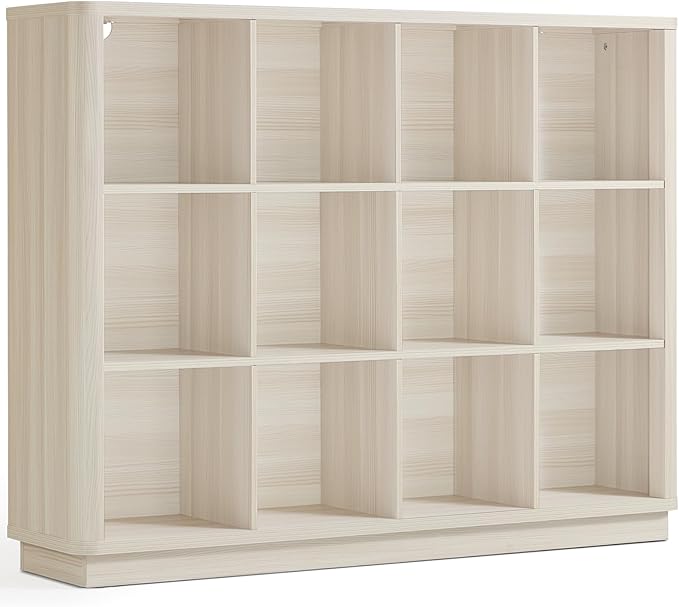 Joaxswe 12 Cube Storage Organizer, 41" Large Bookshelf with Curved Edge, Wood Floor Standing 3-Tier Cubby Bookcase w/Base, Mo