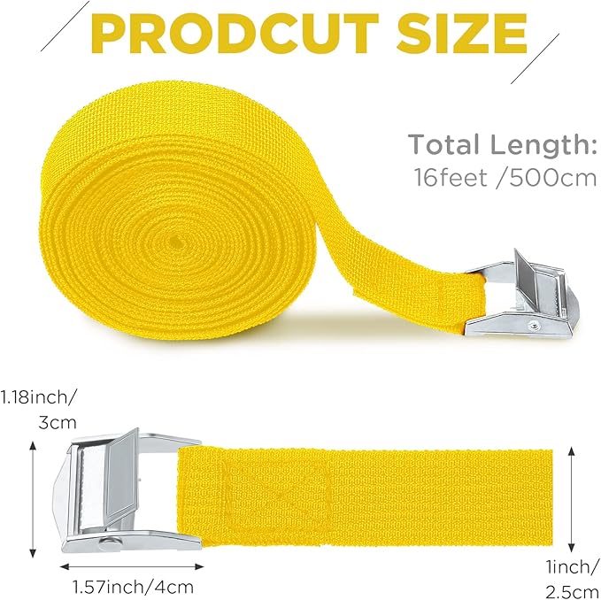 Riakrum 15 Pack 16 Feet Lashing Straps Adjustable Kayaks Tie Down Cam Buckle Straps with Buckles up to 250lbs for Cargo, Luggage, Motorcycles, Truck, Car Roof Rack, Sup Surfboard(Yellow)