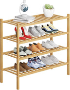 4 Tier Bamboo Shoe Rack Storage Organizer for Closet, Multifunctional Stackable Free Standing Shoe Shelf Organizer for Small 