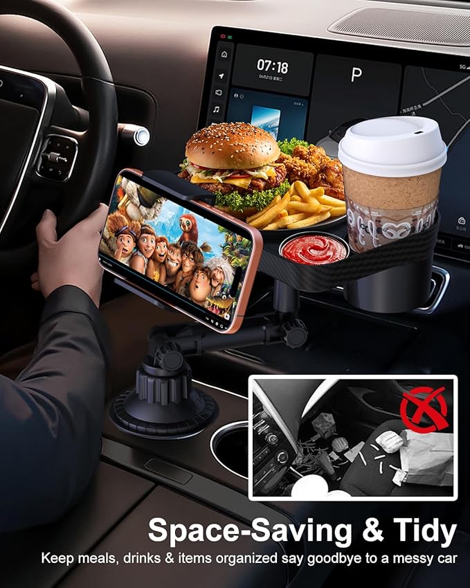 3 in1 Car Cup Holder Expander with 360° Rotation Phone Mount, Multifunctional Car Food Tray for Eating, Drinking, and Phone M