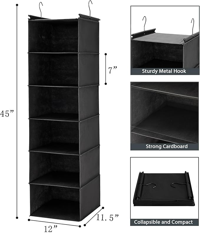 MAX Houser 6 Tier Shelf Hanging Closet Organizer, Closet Hanging Shelf with 2 Sturdy Hooks for Storage, 2 Pack, Foldable (Bla