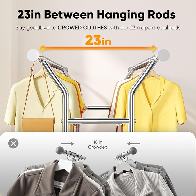HOKEEPER Clothing Rack Heavy Duty Clothes Rack for Hanging Clothes Load 625LBS Extendable Double Rod Clothes Rack, Adjustable