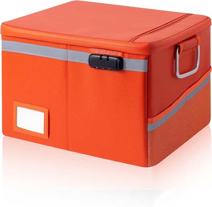 Fireproof Waterproof Document Box with Lock - Collapsible Portable File Organizer Hard Shell Storage for Hanging Letter/Legal