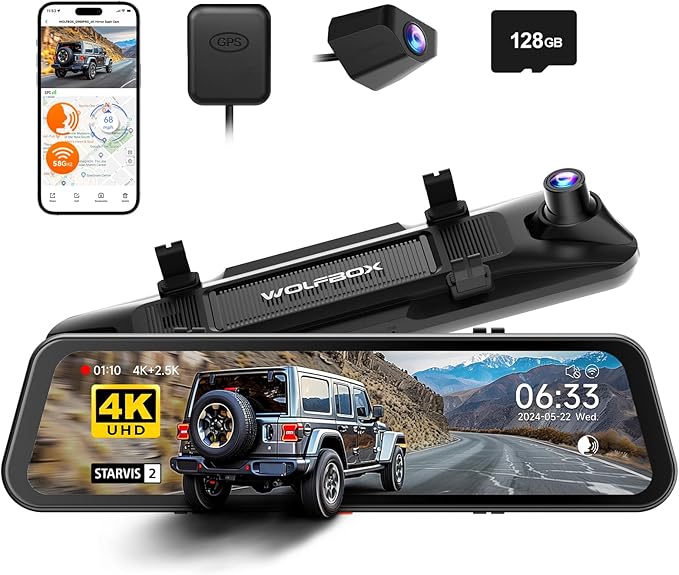 WOLFBOX G900 PRO Mirror Dash Cam with 8MP STARVIS IMX678, 12 inches Rear View Mirror Camera with Front 4K and Rear 2.5K, Incl