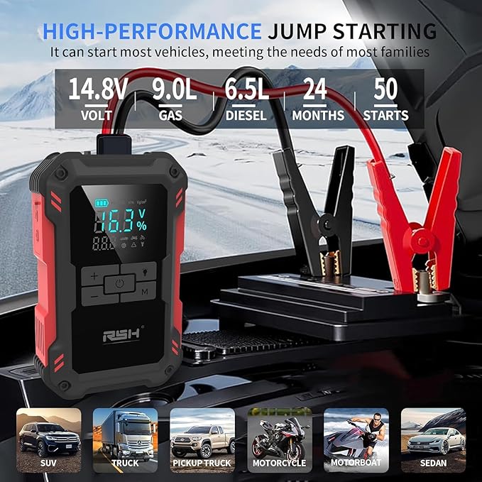 Car Jump Starter with Air Compressor 4000A Peak Battery Jump Starter 14.8V 150PSI Inflator Auto Booster 15000MA Jump Box (up
