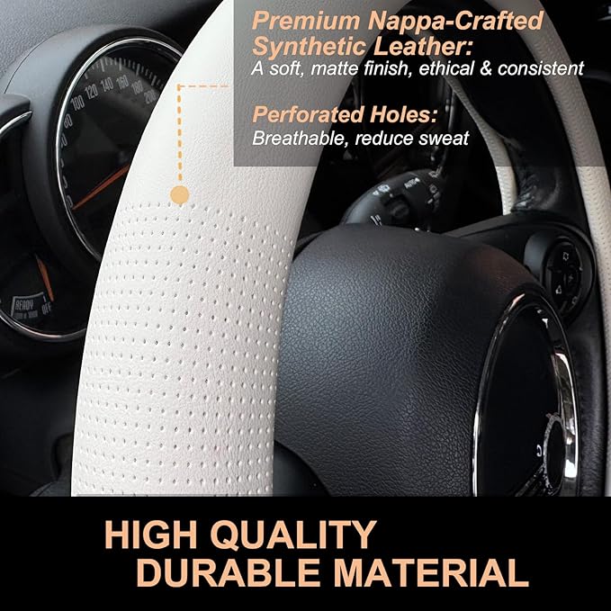 PINCTROT Nappa Leather Steering Wheel Cover, Slim Fit No Bulk Design, One Piece Leather with Breathable Perforation, Fit Like