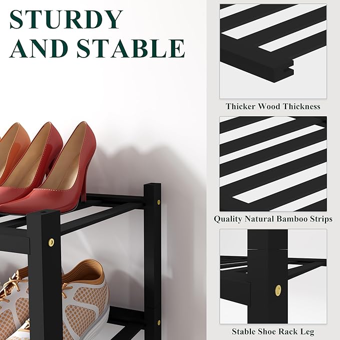 Smiry Shoe Rack, 4 Tier Small Bamboo Shoe Organizer, Stackable Free Standing Wooden Shoe Storage Shelf for Closet, Entryway, 