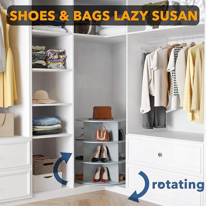 SpaceAid 3 Tier Rotating Shoe Rack Tower, Spinning Shoe Display Lazy Susan, Revolving 360 Shoe Rack Storage Round Carousel, V