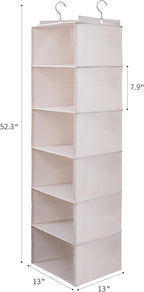 Large Hanging Sweater Organizer for Closet,Collapsible 6-Shelf Hanging Closet Shelves with Drawers, Washable (Beige -6 Shelf-
