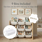 Humble Crew 9-Bin Toy Organizer – Journey Natural Wood with White Plastic Bins, 3-Tier Storage Solution for Kids' Playrooms a