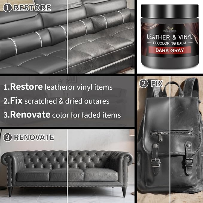 Leather Recoloring Balm with 100ml Mink Oil, Dark Gray Leather Repair Kit and Scratch Remover for Furniture, Car Seats, Sofas