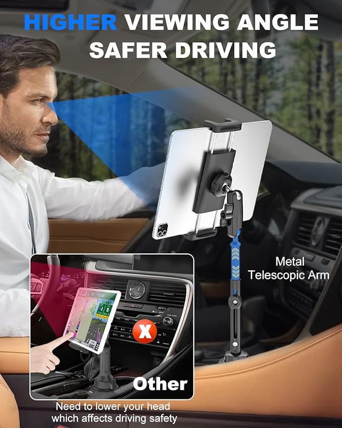 iPad Cup Holder Car Mount Heavy Duty [Height Adjust] Metal Long Arm Cup Holder Tablet Mount for Car, Truck, Compatible with 4.7-13" iPad Pro Air Mini, Galaxy Tab, iPhone, Cell Phone