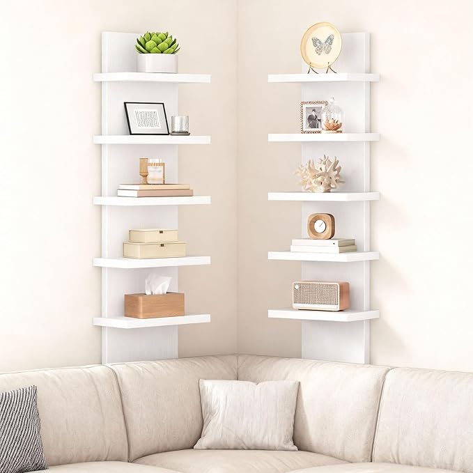 HOOBRO 5 Tier Wall Shelf Unit, 2 Pack Floating Shelves Wall Mounted, Wall Mount Vertical Shelving, Floating Storage Rack, Org