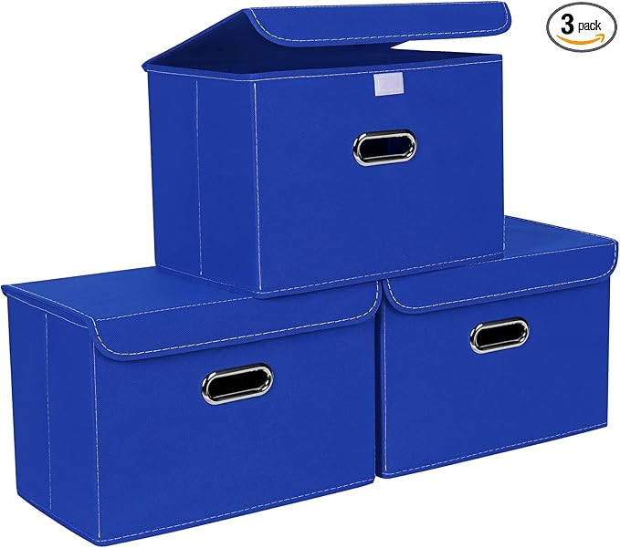 STOREONE Fabric Storage Cube Bins Foldable Organizer Container Collapsible Basket with Lids and Metal Handles, for Home, Bedr