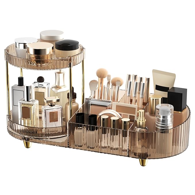 Makeup Organizer Countertop with 360 Rotating Perfume Trays, 7-Divider Vanity Skincare Organizers, Make Up Desk Organization 
