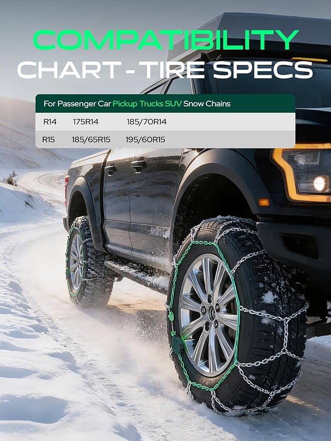YHTAUTO Set of 2 Snow Chains 12MM Fit 175R14 185/70R14 185/65R15 195/60R15 Pickup Truck SUV Passenger Car Tire Chains Auto-Ti