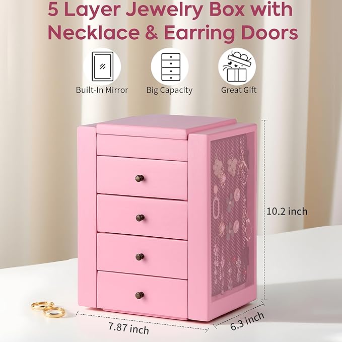 Meangood Jewelry Box Wood for Wowen, 5-Layer Large Organizer Box with Mirror & 4 Drawers for Rings, Earrings, Necklaces, Pink