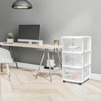 HOMZ Drawer Tower, 3-Tier Rolling Storage Cart with Removable Wheels, White Frame – Plastic Organizer with Clear Bin Drawers 