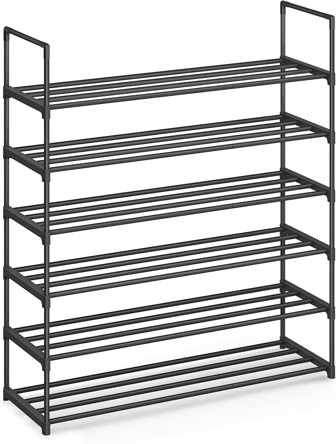 SONGMICS Shoe Rack, 6-Tier Shoe Organizer, Metal Storage Shelf, Upright or Upside Down, for 24-30 Pairs, Stackable, for Entry