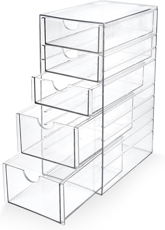 Prsildan Acrylic Drawer Makeup Organizer with 5 Drawers, Hair Accessories Organizer, Office Desk Organization, Clear Stackabl