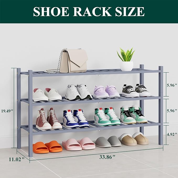 Smiry Shoe Rack, 3 Tier Thick Long Bamboo Shoe Organizer, Stackable Free Standing Wooden Shoe Storage Shelf for Closet, Entry