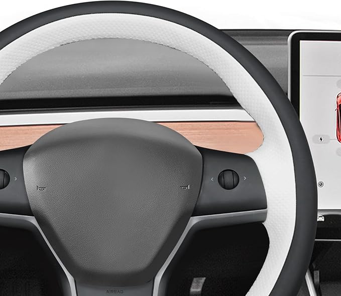 MEWANT Hand Stitched Real Leather Steering Wheel Cover for Tesla Model 3 2017-2023 / Model Y 2020-2023 for Tesla Model 3/Y Accessories(3D Style)