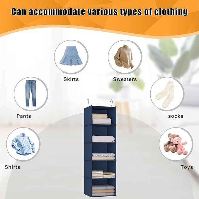 Hanging Closet Organizer and Storage 5-Shelf, Easy Mount Foldable Hanging Closet Wardrobe Storage Shelves, Clothes Handbag Sh