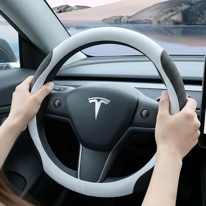 White Tesla Nappa Leather Steering Wheel Cover, Model 3/Y Accessories, Comfort Grip, Anti-Slip Breathable, Compatible with Te