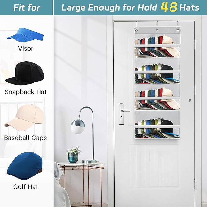 AOODA Clear Over the Door Hat Racks for Baseball Caps, Hold 48 Caps Hat Storage Organizer for Closet Wall, Deep Pockets Hangi
