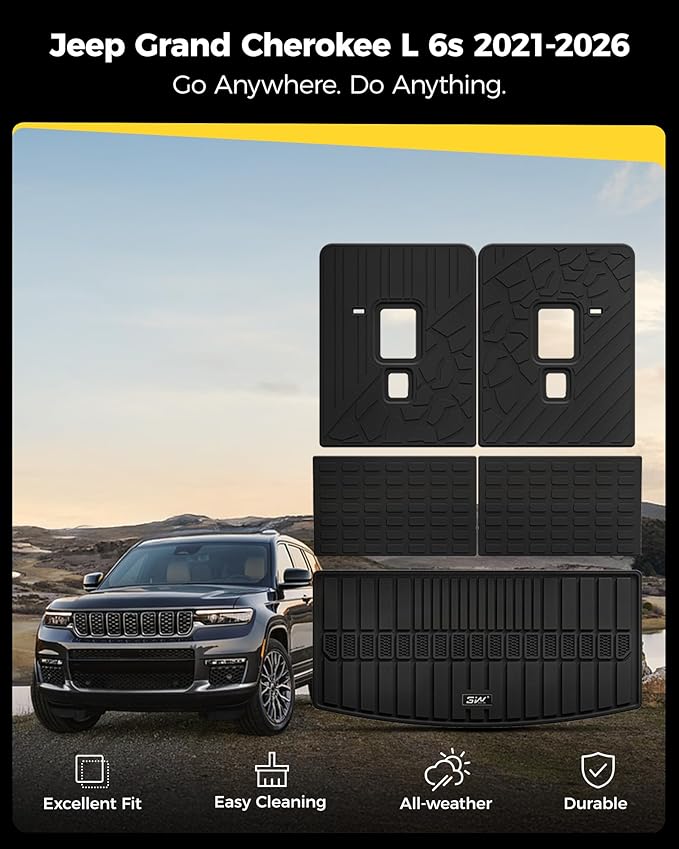 3W 6&7 Cargo Liner & Seatback Mats Compatible with 2021-2025 2026 Jeep Grand Cherokee L All-Weather Protection TPE Cargo Mats for Grand Cherokee L Heavy Duty Car Accessories