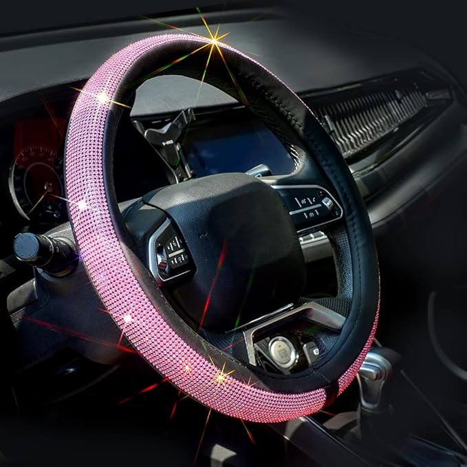 ChuLian New Diamond Leather Steering Wheel Cover with Bling Bling Crystal Rhinestones, Universal Fit 15 Inch Car Wheel Protec