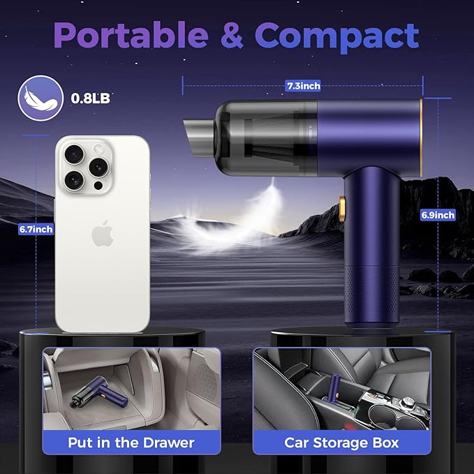 Handheld Car Vacuum Portable Cordless,18000PA High Power Vacuum Cleaner with Brushless Motor.7 in 1 Mini Hand Held Vacuum Rec