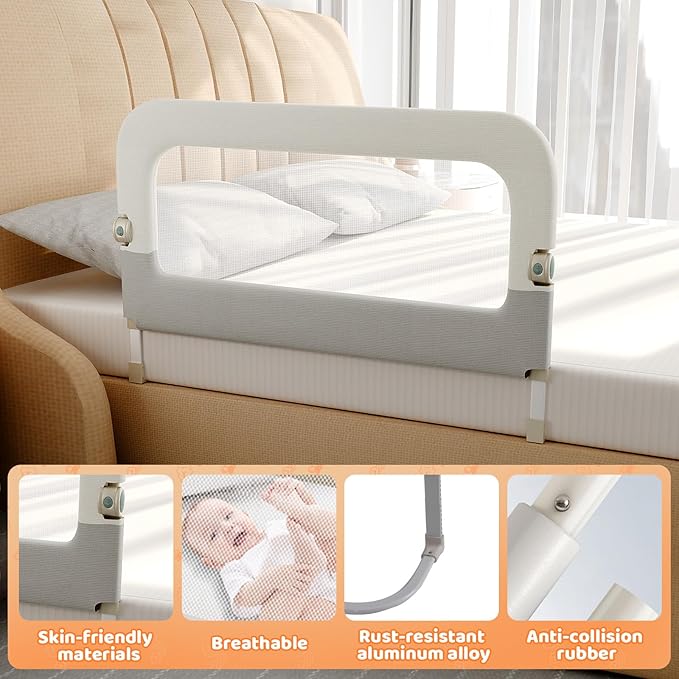 omzer Bed Guard Rail for Toddlers - 32inch Folding up & Adjustable Heights Baby Bed Safety Rails - Portable Toddler Bed Barri