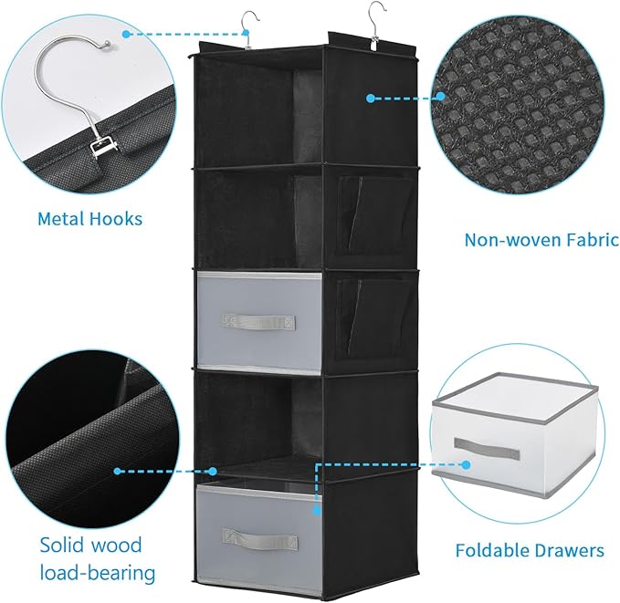 5-layer suspended fabric shelf organizer, equipped with 2 sturdy hooks, 2 separate drawers, and foldable hanging storage (bla
