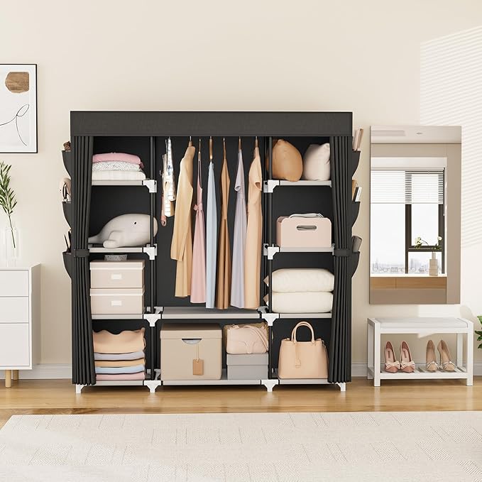 VTRIN Portable Closet Wardrobe for Hanging Clothes 57.3 Inch Large Capacity Clothes Rack with Cover, 10 Storage Organizer She
