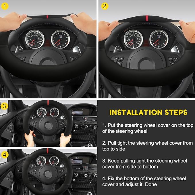 Suede Steering Wheel Cover with Upgraded Silicone Inner Ring, Anti Heat, Breathable, Anti-Slip, Leather Universal 14.5 to 15 