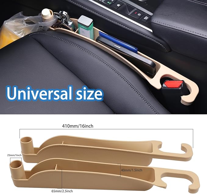 Supin Car Seat Gap Filler Set of 2, Multifunctional Seat Side Gap Filler with Organizer & Hook Function& 2 Storage for Stabilizing Phone,Keys Wallet, Fill The Gap Between Seat & Console (Beige)