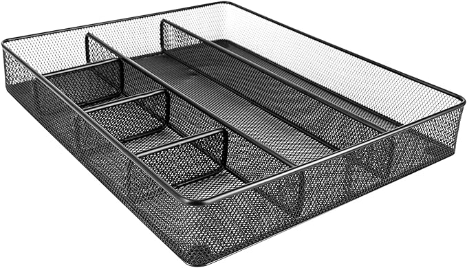 Amazon Basics Metal Mesh Desk Organizer with 6 Compartments, Anti-Slip Pen Holder Storage Tray for Office Supplies and Home, 