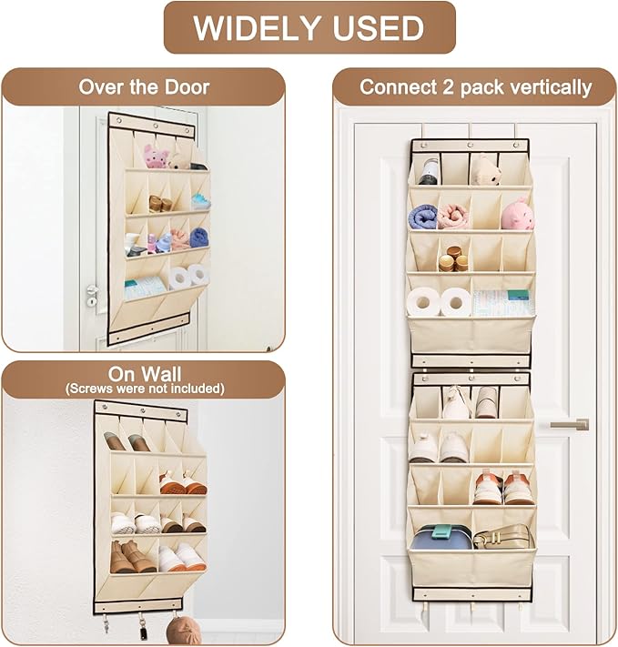 FENTEC 2 Pack Over the Door Shoe Organizer, Hanging Shoe Organizer, 28 Large Deep Pockets Door Shoe Rack with 6 Hooks Shoe Or