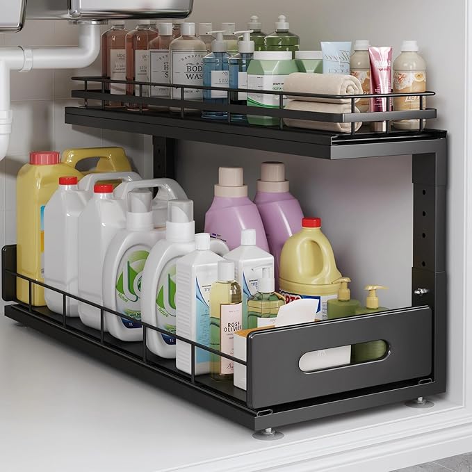 Under Sink Organizer Upgrade To Professional Rails,2-Tier Dual Pull Out Cabinet Storage,Height Adjustable Slide Out Drawers F