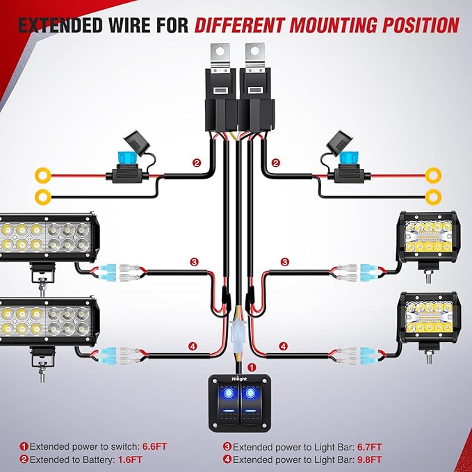 Nilight 16AWG LED Light Bar Wiring Harness Kit 12V On/Off 2 Gang Rocker Switch Panel Power Relay Blade Fuse 5Pin Toggle Switches for Cars Boat ATV Trucks-4 Leads