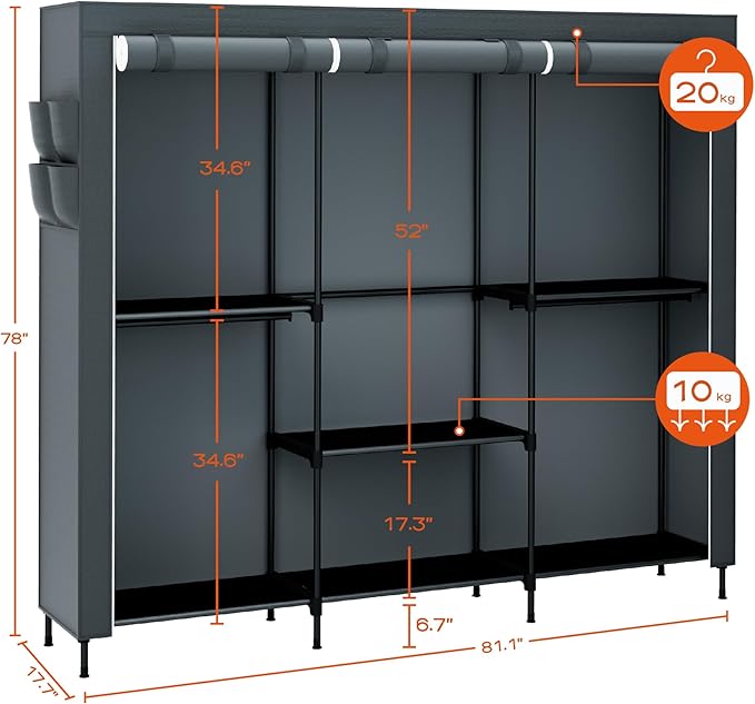 CASAMAYA Clothes Rack, Portable Closet, 81.5 Inch Large Capacity Wardrobe Closet, Clothes Storage Organizer with Shelves and 