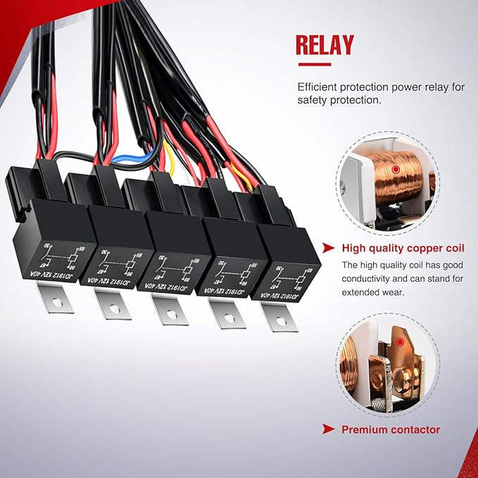 Nilight 16AWG 14AWG 12AWG LED Light Bar Wiring Harness Kit 12V On/Off 5 Gang Rocker Switch Panel Power Relay Blade Fuse 5Pin Toggle Switches for Cars Boat ATV Trucks-10 Leads