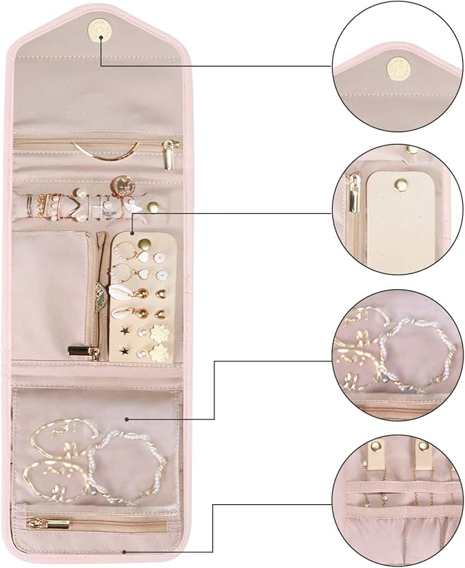 BAGSMART Travel Jewelry Organizer Case Foldable Jewelry Roll for Journey Rings, Necklaces, Earrings, Bracelets,Mini,Light Pin